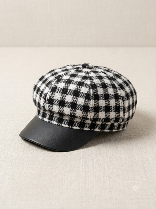 Accessories - Black & White Gingham Newsboy Cap with Black Brim